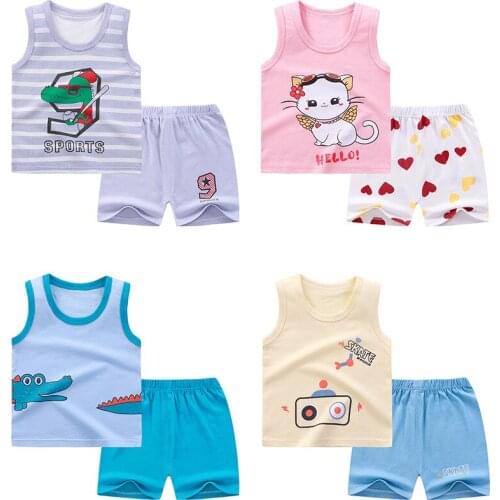 Summer Childrens Vest Set Pure Cotton Baby Casual Sleeveless Vest 2-piece Clothes Boys Clothing Set Baby Toddler Clothing