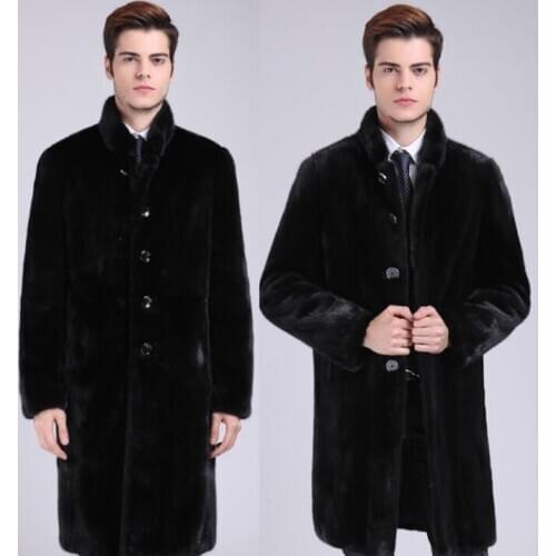 Stand collar faux mink fur leather jacket mens warm fur leather long coat men loose jackets winter autumn thicken fashion black
