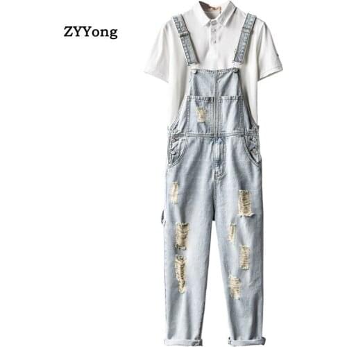 Men Denim Hole Bib Overalls Loose Fashion Hip Hop Streetwear Jumpsuit Light Blue Tattered Wide Leg Jeans Pants Freight Trousers