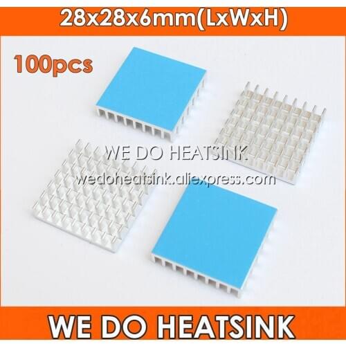 WE DO HEATSINK 100pcs 28x28x6mm Silver Slotted Aluminum Heatsink Cooler For IC CPU AMD With Thermally Tape Pads