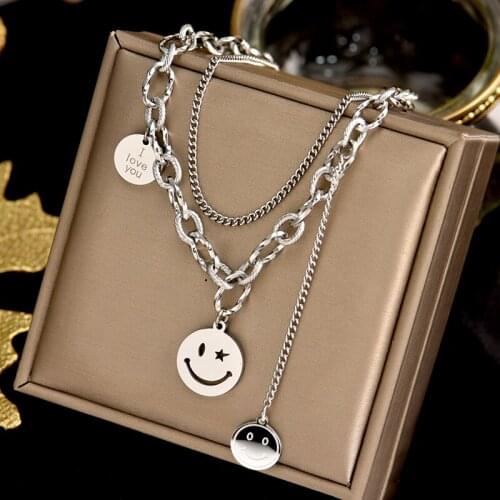316L stainless steel round brand smiley face double collarbone hip-hop street trend thick accessories personality necklace