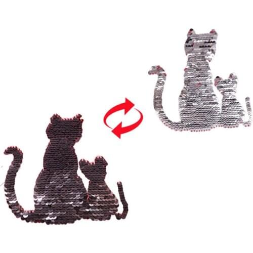 Patch deal with it clothes t shirt women stickers Reversible change color cat lovers balck silver sequins patches for clothing