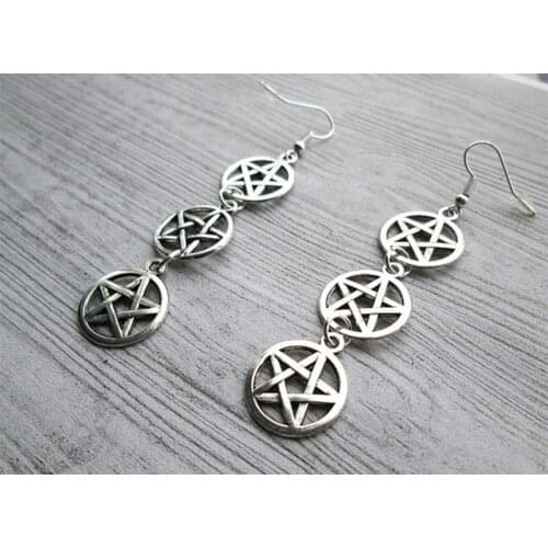 Silver metal pentagram dangle earrings witch occult five pointed star cute alternative rock earhook