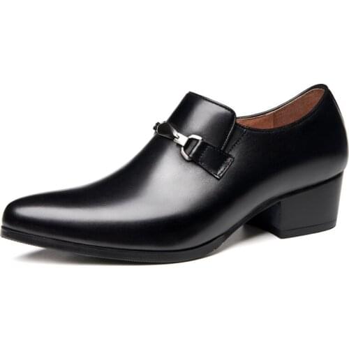 Brand Genuine Leather Formal Dress Mens Loafers Pointed Toe Metal Tipped Handmade 5cm High Heels Man Wedding Party Shoes