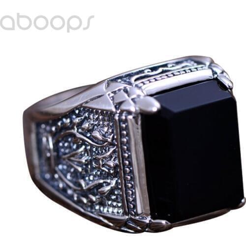Vintage 925 Sterling Silver Fire Ring with Synthetic Black Agate for Men Boys,Four Prong Setting,Free Shipping