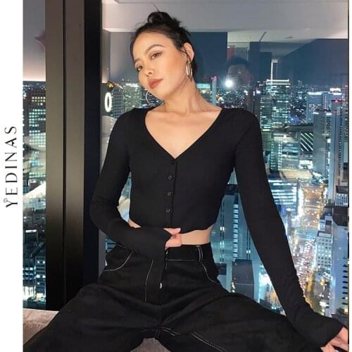 Yedinas Sexy Deep V-neck T Shirts Women Slim Long Sleeve Crop Top Knitted Button Up Ribbed T-shirt Korean Japanese Streetwear