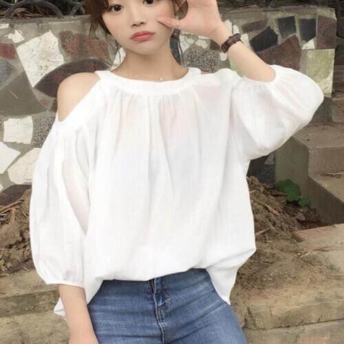 Womens Spring Summer Style Chiffon Blouse Shirt Womens Off Shoulder Solid Color O-neck Half Sleeve Korean Casual Tops DD8500