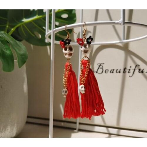 Lady Skulls with Red Tassels Dangle Earrings,Skull Dangle Earrings,Women New Fashion,day of The Dead Jewelry