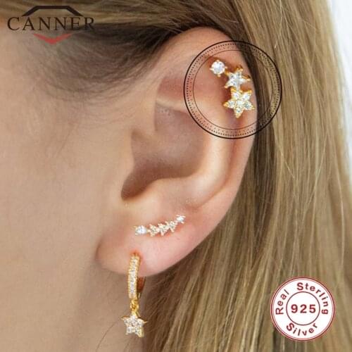 CANNER 925 Sterling Silver Fine Jewelry Star Shining Zircon Small Stud Earrings Gold Color Ears Stud For Women Piercing Earings