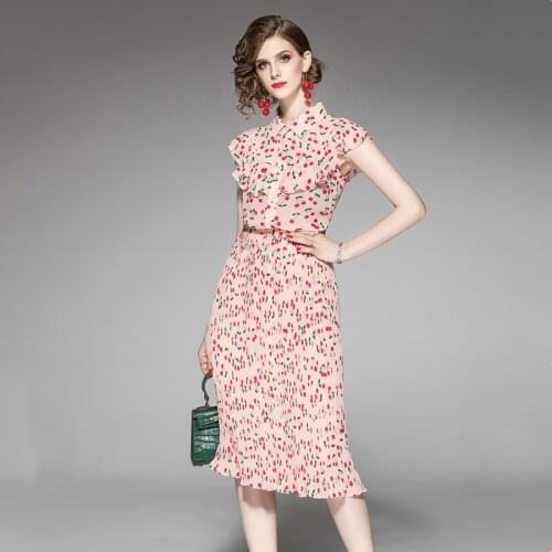 Womens Set Two-Piece Skirt Pink 2020 Summer Elegant Ruffles Printed Top Pleated A- Line Skirt 2 Piece Sets Womens Outfits