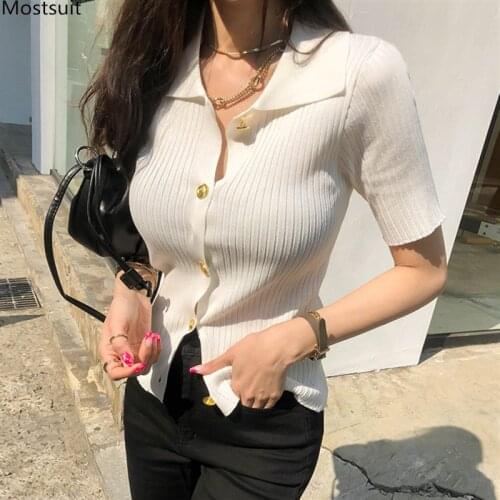 Summer Elegant Sweater Women Single Breasted White Knit Cardigan Korean Short Sleeve Turn Down Collar 2021 Ladies Cardigans