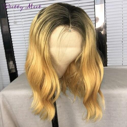 Shorter Water Wave Light Brown Ombre Blonde Synthetic Lace Frontal Wig For Women Pre Pluked Glueless Heat Resistant Daily Use