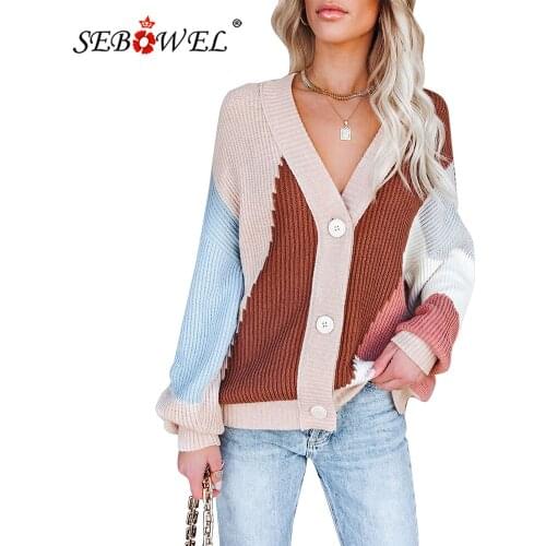 SEBOWEL 2021 Woman Winter Color Block Buttons Drop-Shoulder Sleeve Cardigan Female Casual Plus Size Open Front Knit Sweater XXL