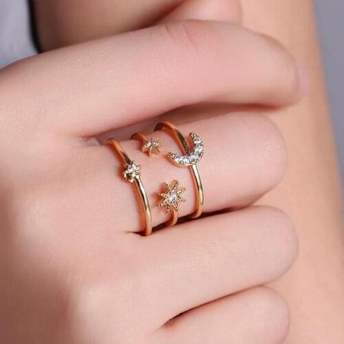 3-layer Gold Color Ring Hollow Star Moon Sun Crystal Rings For Women Anel Jewelry Fashion Women Resizable Ring Jewellery A71