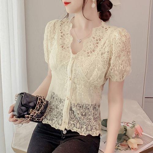 Blouse Women Shirt 2021 Summer Lace Womens Short-Sleeved Commuter Shirt V-neck Cardigan With Suspenders Blusas Mujer De Moda
