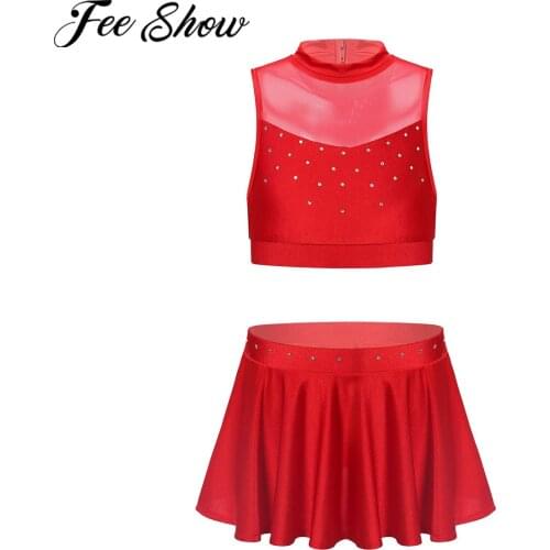 Kids Girls Dance Gymnastics Clothes Set Sleeveless Crop Tops Short Skirt Children Stage Performance Latin Rumba Dancewear Outfit