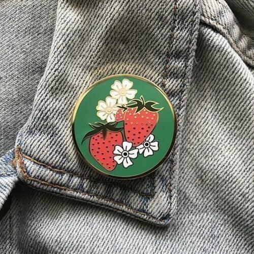 Strawberry flowers enamel pin badge