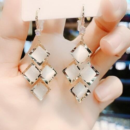 2021 New Opal Rhombus Exquisite All-Match Temperament Earrings High-End Earrings Jewelry Wholesale