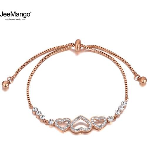 JeeMango Fashion Stainless Steel CZ Crystal Chain Link Bracelets For Women Bohemia 3Pcs Heart Charm Adjustable Bracelet JB20160