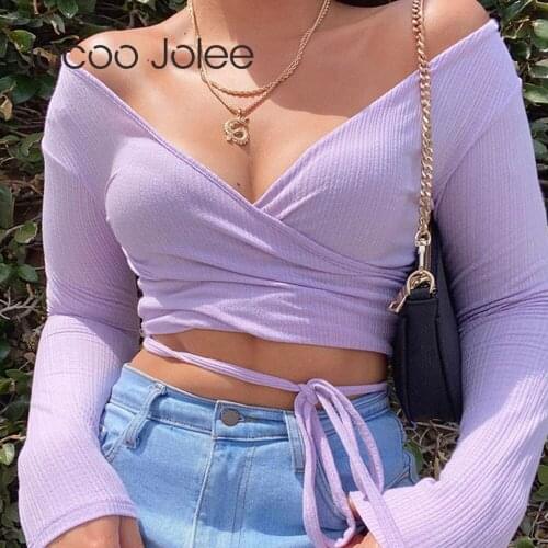 Jocoo Jolee 2021 Women Summer Sexy V-Neck Strapless Long Sleeve Slim Solid Shirt Drawstring Pleated Party Club Short Top