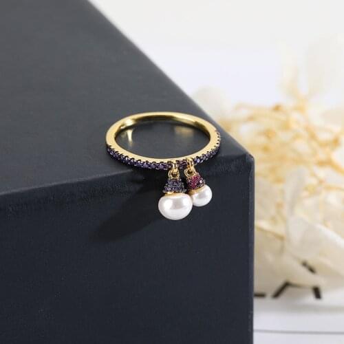 New Simple Exquisite Baroque Pearl Asymmetric Ring Purple Double Pearls Colorful Zirconia Ring Jewelry Zk30