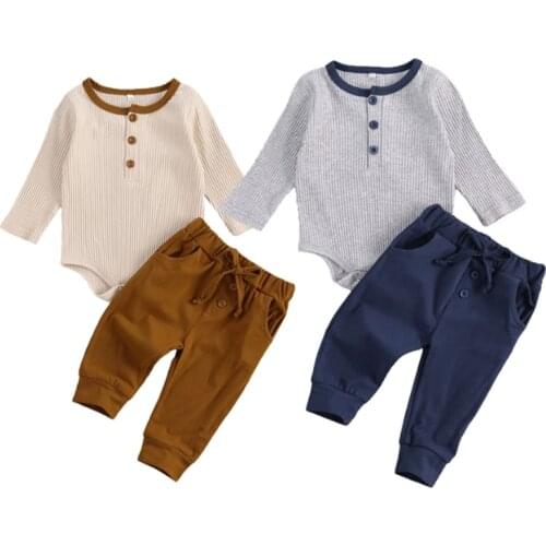 0-18M Casual Newborn Baby Boys Clothes Sets Solid Button Long Sleeve Romper Tops Bottoms Pants