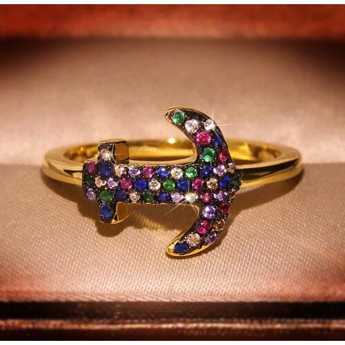 Colorful Zircon Stone Gold Anchor Rings for Women Fashion Wedding Engagement Jewelry Cute Gift Ring