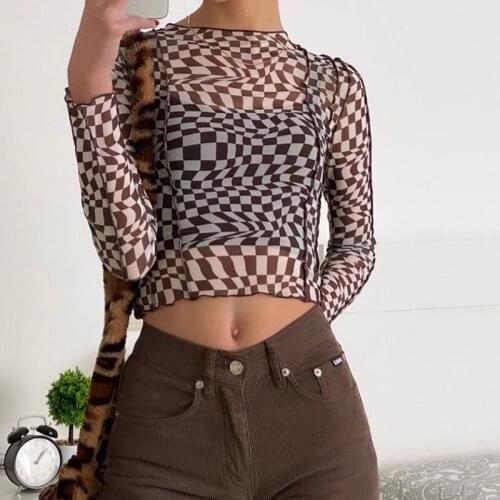 Trendy Plaid Printed Mesh Crop Tops Long Sleeve Geometric Pattern Round Neck Reverse Trim Slim Fit See Through Wild T-Shirt