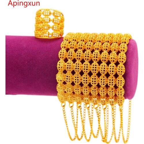 Apingxun Trendy Tassles Cuff Bracelet&Ring Jewelry Set 24K Gold Color Dubai African Bangle For Women Girls Party Decoration Gift