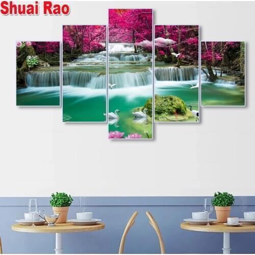 Multi-Panel Diamond Painting Complete novelty Waterfall swans Picture diamond embroidery 5 piece set landscape puzzle mosaic