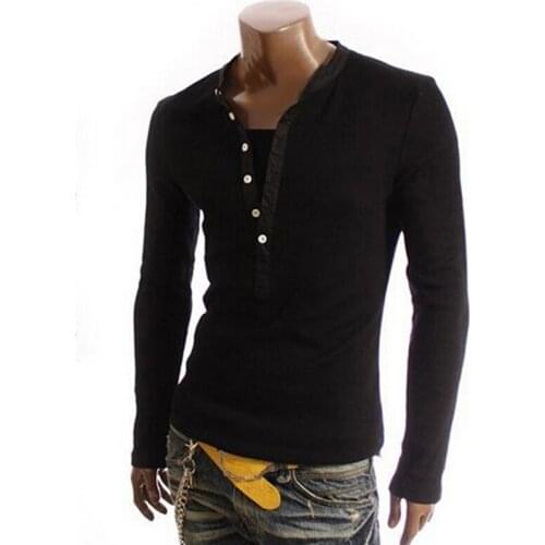 Men T Shirt Casusal Button 3XL Full Sleeves Pullover V Neck Solid Color Male Skinny Top Tees Fashion Casual V-neck