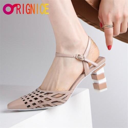 Orignice Attractive Hollow Out Ankle Strap Sandals Women Pointed Toe Cowboy Patent Leather Special Shaped Heels Party Shoes