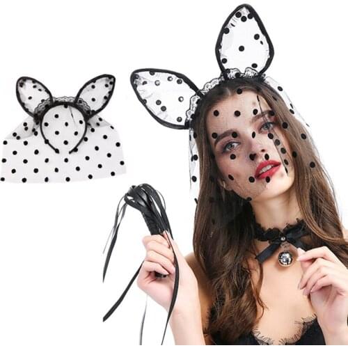 Hot Big Dot Veil Lace Cat Ear Headband Rabbit Ear Headband Sexy Costume Headwear Accessories Halloween Women Hairband