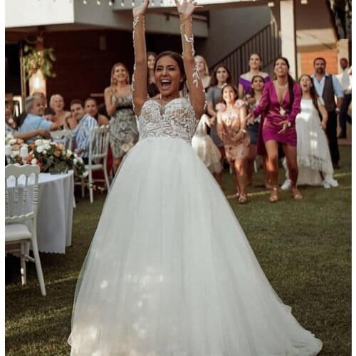 Robe De Mariee A lIne Lace Wedding Dresses With O Neck Boho Wedding Dresses Vestido De Noiva Mariage Bridal Gown