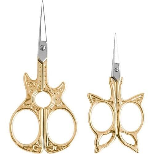 Vintage Embroidery Scissors, Crane Scissors, Butterfly and Guitar Shape Sharp Tip Sewing Scissors 4.5&3.7 Inch, Gold