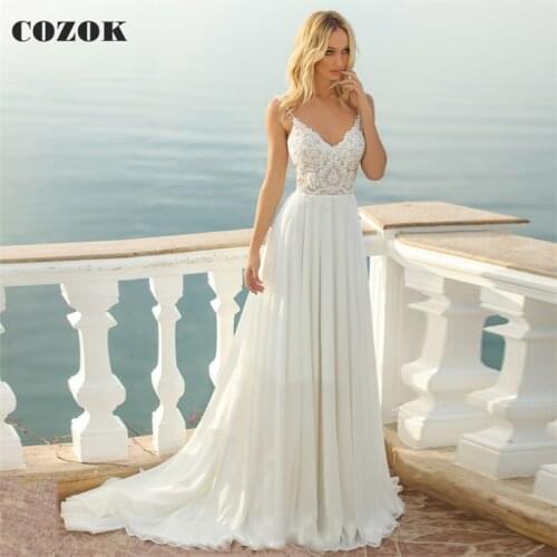 Sexy A-line V-neck Chiffon Lace Appliques Wedding Dresses Long Formal Bride Wedding Gowns Custom Size CZ74