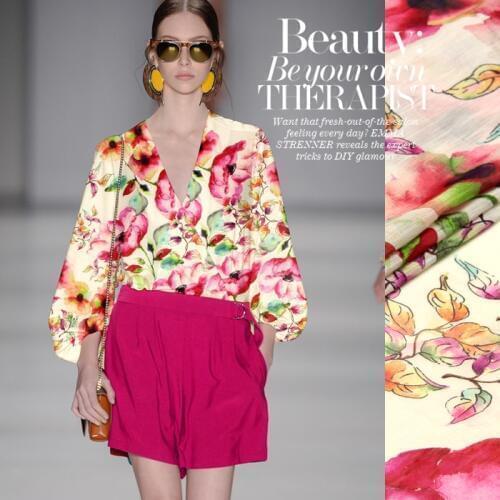 140cm wide 13.5mm pink and orange flower print silk linen fabric for summer shirt dress a little transparent and hard fabric