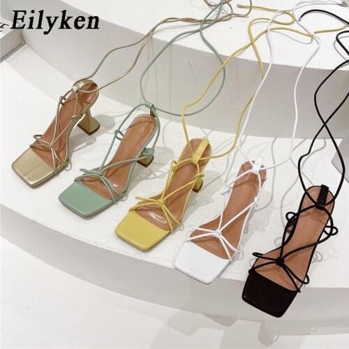 Eilyken 2021 New Design Yellow Ankle Strap Sandals Women Square heel Party Lace-Up Summer Strange Style Sandal Shoes