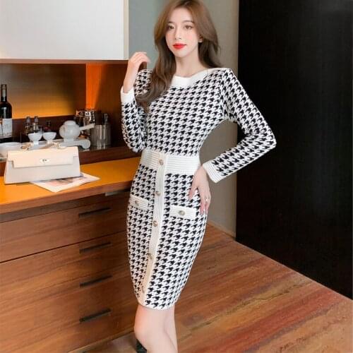 Plaid Houndstooth Knitted Sweater Dress Women O-Neck Long Sleeve Sheath Dress High Waist Buttons Patchwork Autumn Dress C754