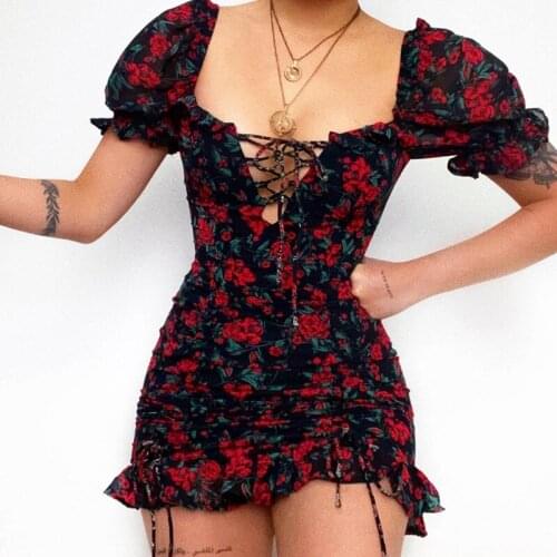 Women Vintage Floral Puff Sleeve Bodycon Short Dress Summer Ladies Lace-up Front Square Collar Ruffles Ruched Dress Streetwear
