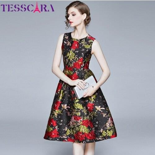 TESSCARA Women Luxury Jacquard Dress Festa High Quality Vintage Cocktail Party Robe Femme Floral Designer Elegant Tank Vestidos
