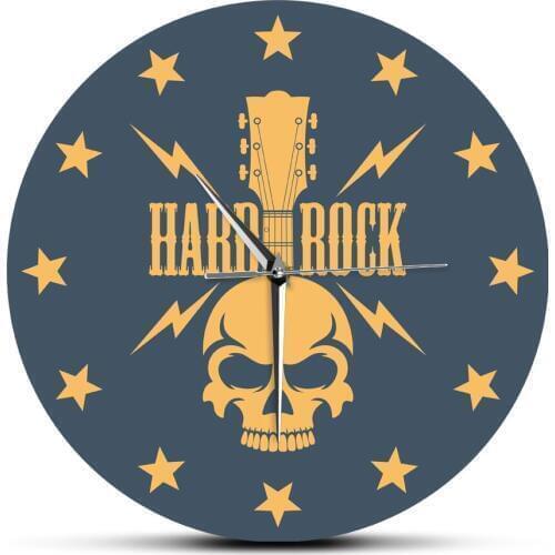 Hard Rock Skull with Guitar and Stars Fashion Printed Acrylic Wall Clock Indie Rock Gothic Style Music Wall Art Hanging Watch
