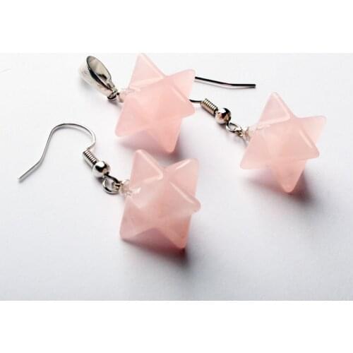 New 16X16MM Natural Stone Rose Pink Quartz Crystal Merkabah Beads Jewelry Pendant & Earring 1 SET