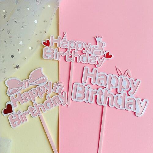 1PC Pink Bow Heart Crown Acrylic Happy Birthday Cake Topper Birthday Flags For Kids Birthday Party Cake Decorations Baby Shower