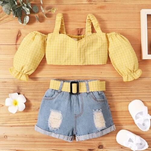 2021 Fashion Girls Clothes Sets Toddler Kids Off Shoulder Yellow Plaid Tops+Denim Shorts 2pcs Outfits Summer Children Clothing