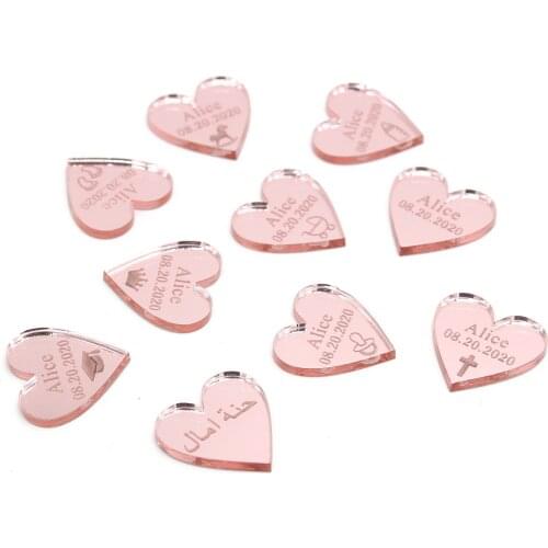 70 Pieces Personalized Engraved Silver Acrylic Love Heart Wedding Party Table Centerpieces Decoration Birthday Gift Tags Favors