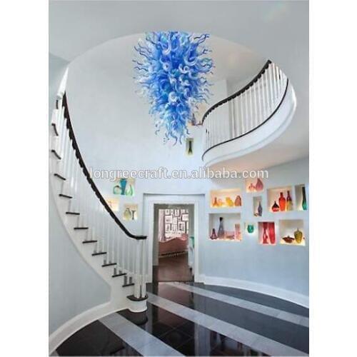 Large Villa Decor Staircase Chandelier Rustic Blue Hand Blown Glass Chandelier Chihuly Style Chandelier Lighting