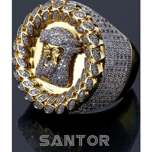 Hip Hop Jesus Ring Gold Plated Luxury Zircon Ice Out Big Ring Men Jewelry