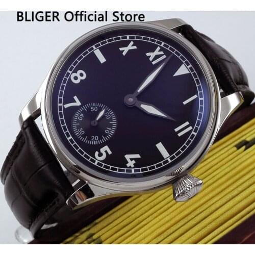 44MM Black Sterile Dial Polished Stainless Steel Case Luminous Marks Mechanical 17 Jewels 6498 Hand Winding Movement Mens Watch