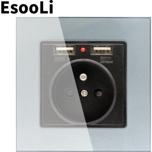 EsooLi French Standard 16A Wall Power Socket With USB Crystal Glass Panel Outlet 2.1A Dual USB Socket Charger Port for Mobile